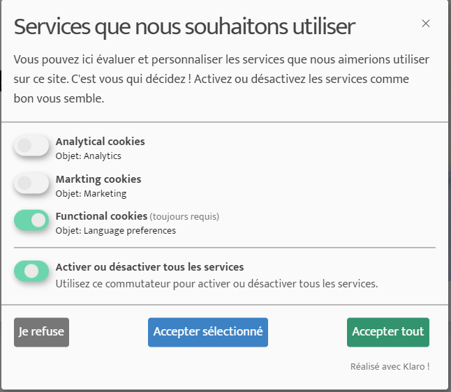 Banniere cookie consent klaro en français sur hgency