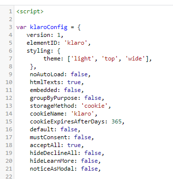 Klara cookie consent banner config