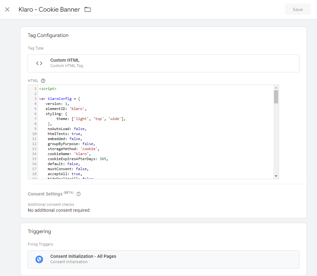 Klara Cookie consent banner implementation in GTM